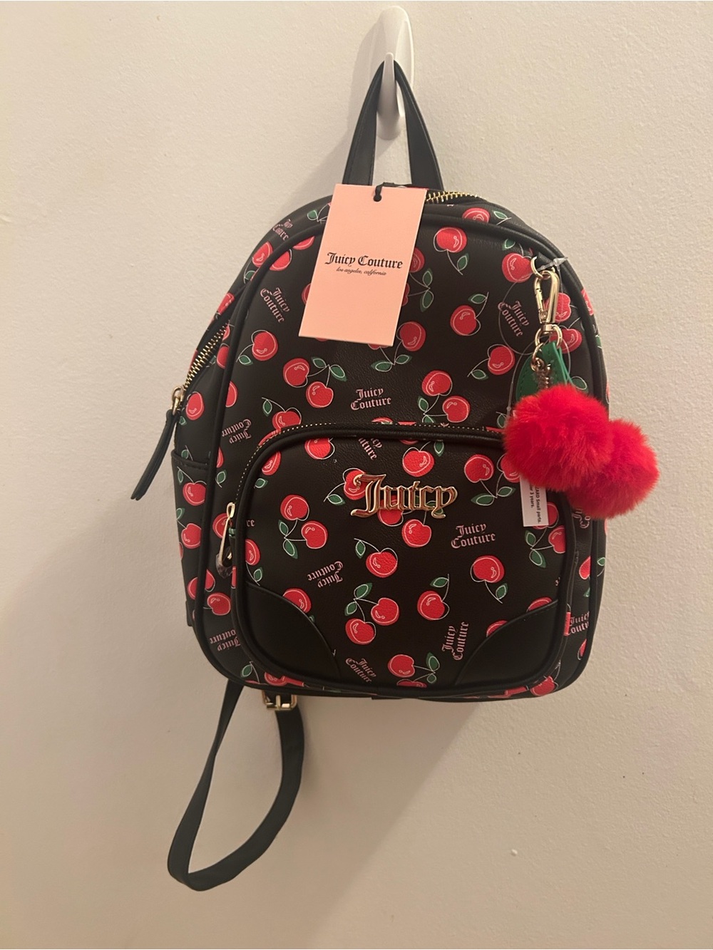 Juicy Couture Black Cherry Print Mini Backpack with Red Pom Pom